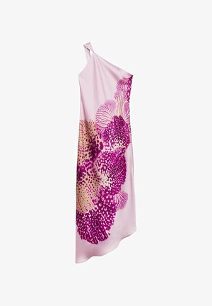 Yksishulkkinen mekko pehmeästä vaaleanpunaisesta kankaasta, jossa on suuria kukkakuoseja eloisassa purppuran ja kullan väriyhdistelmässä. Kevyt ja sileä rakenne.