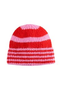 Knit beanie featuring alternating red and pink stripes with a ribbed texture and a snug fit. The design includes a checkered pattern at the base.