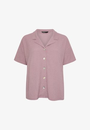 Kortärmlig mauvekleurige overhemd met knopen, gemaakt van gestructureerde stof, met een brede kraag en vijf parelachtige knopen aan de voorkant.