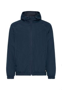 Navy blue hooded jacket featuring a full zipper, elastic cuffs, and a drawstring hood. Made from lightweight, water-resistant fabric.