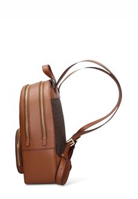 Zaino in pelle marrone con tessuto marrone scuro a motivo, due scomparti con cerniera, spallacci regolabili e dettagli in metallo color oro.