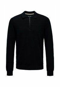 Czarna polo z długim rękawem i krótkim zamkiem z przodu, wykończona ściągaczami, zaprezentowana na białym tle.