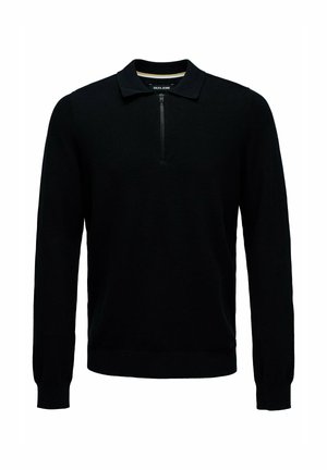 Camisa polo negra de manga larga con un pequeño cierre frontal y puños acanalados, exhibida sobre un fondo blanco.