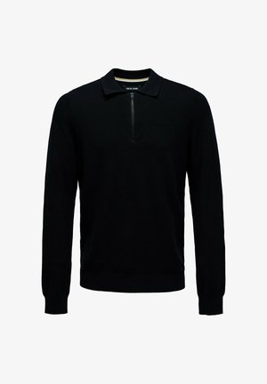 Camisa polo negra de manga larga con un pequeño cierre frontal y puños acanalados, exhibida sobre un fondo blanco.