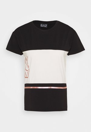 Short-sleeve black and white t-shirt with a rose gold horizontal stripe and vertical EA7 Emporio Armani logo on the side.
