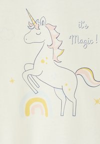 White unicorn with pink mane and tail, yellow horn, yellow spots, and rainbow below, with text "it's Magic!" on a cream background.