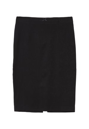 Black pencil skirt featuring a smooth texture, waistband with a discreet zipper, and a subtle stitched detailing at the back.
