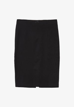 Schwarzer Bleistiftrock mit glatter Textur, Bund mit verdecktem Reißverschluss und dezenten Nähten auf der Rückseite.