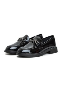 Black patent leather loafers with a square toe, decorative metallic chain accent, and a low block heel. Smooth texture, sleek design.