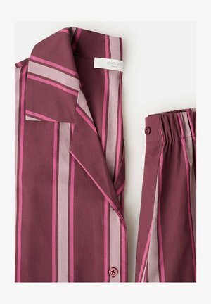 Folded pajama set with vertical stripes in shades of burgundy, pink, and light beige, featuring buttons and elastic waistband.