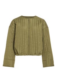 Khaki puffer bunda s zipem, žebrovanou strukturou, krátkým střihem a širokými rukávy. Měkký, lehký materiál.