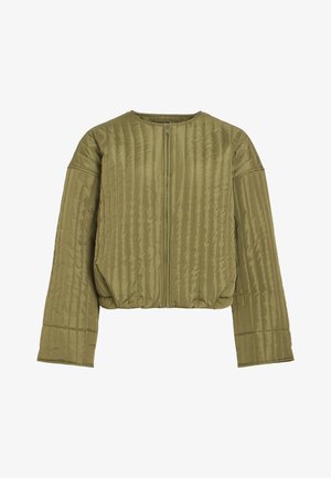 Khaki puffer bunda s zipem, žebrovanou strukturou, krátkým střihem a širokými rukávy. Měkký, lehký materiál.