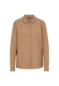 Brązowa koszula z długim rękawem i kołnierzykiem, zapinana na guziki, o gładkiej fakturze. Materiał wydaje się lekki i lekko dopasowany.