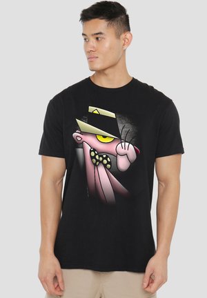 Schwarzes Baumwoll-T-Shirt mit einem pinken Cartoon-Charakter, der einen schwarzen Hut und eine gepunktete Fliege trägt, mit einem glatten Grafikdruck.