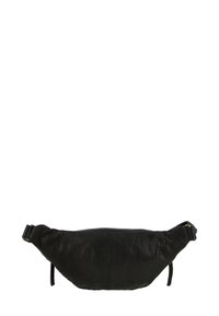 Marsupio in pelle nera con forma arrotondata, texture morbida e cinturino regolabile. Presenta una chiusura con zip e un design minimalista.