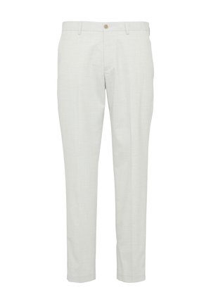 Helle graue Hose aus einem weichen, strukturierten Stoff. Tailored Design mit geradem Bein, ausgestattet mit einem einzelnen Frontknopfverschluss und Gürtelschlaufen.