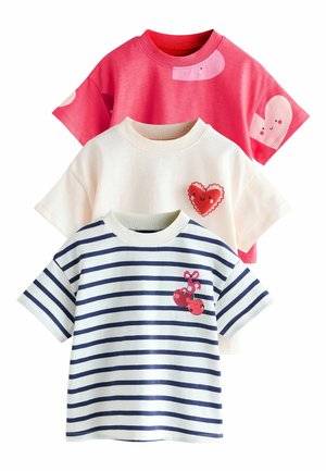 Three short-sleeve t-shirts: pink with hearts, white with red heart patch, navy striped with cherry graphics. All cotton fabric.