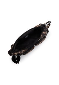 Small leopard-print crossbody bag with black interior, two zippered pockets, and a small black plush keychain attached.