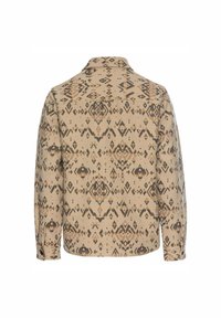 Tan gekleed shirt met geometrische ontwerpen in bruin en zwart. Lange mouwen, knoopmanchetten en een kraagontwerp aan de achterkant.