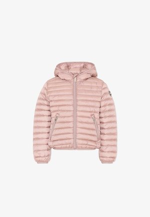 Lichtroze gewatteerde donsjas met capuchon, ritssluiting aan de voorkant, twee ritszakken en elastische manchetten, getoond op een witte achtergrond.