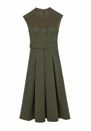 Õliva rohelise istuva kleidi vööga, varrukateta disain ja läbipaistvate võrkdetailidega õlgadel. Laiendatud ääreosa volditud lõikega.