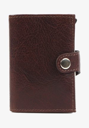 Brown leather wallet with a textured surface, featuring a silver snap button closure and a stitched edge along the perimeter.