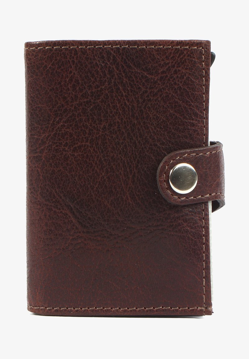 Brown leather wallet with a textured surface, featuring a silver snap button closure and a stitched edge along the perimeter.