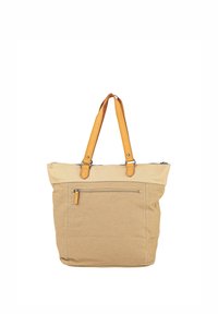 Bolso de tela beige con asas de cuero color canela, cierre con cremallera y un bolsillo exterior con cremallera. Diseño sencillo con una forma espaciosa.