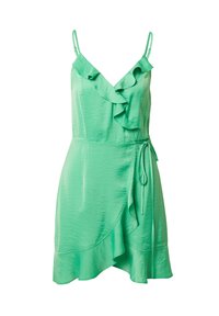Grünes Satin-Minikleid mit Rüschendetails am Ausschnitt und Saum, verstellbaren Spaghetti-Trägern und einem gebundenen Taillenausschnitt.