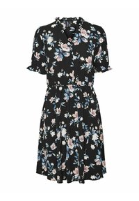 Abito nero a fiori con maniche corte a volant, caratterizzato da motivi floreali rosa e blu, chiusura con bottoni sul davanti e vita increspata.