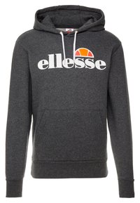Felpa grigia con tasca frontale, cappuccio con cordino e logo "ellesse" bianco. Presenta un design a semicerchio colorato sopra il logo.