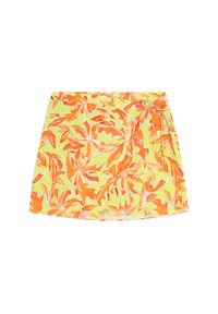 Bloemrijke minirok met een heldergele achtergrond en grote oranje en witte bladvormen. Lichtgewicht stof met een zijstrikdetail.