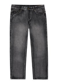 Szare dżinsy o regularnym kroju, przetarte wykończenie, pięć kieszeni, zapięcie na guziki i kontrastujące szwy.