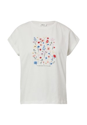 Weißes Baumwoll-T-Shirt mit floralem Druck in Pink, Rot, Blau und Gelb, mit dem Text "Blumen erhellen die Welt" unter dem Design.