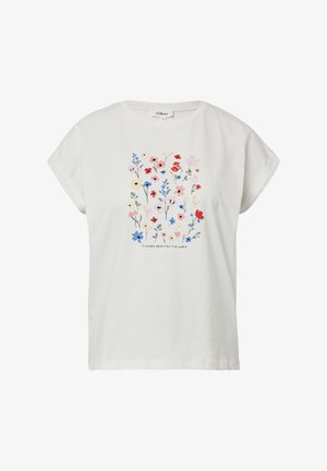 Weißes Baumwoll-T-Shirt mit floralem Druck in Pink, Rot, Blau und Gelb, mit dem Text "Blumen erhellen die Welt" unter dem Design.