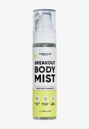 Flacon spray Breakout Body Mist à l'acide salicylique, ciblant les boutons sur le corps au niveau des fesses, du dos et de la poitrine, étiqueté vegan friendly, 100 ml.