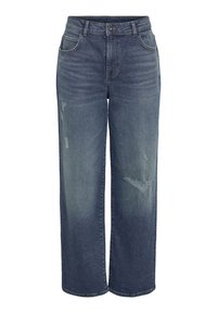 Blauwe denim wijde jeans met een hoge taille, met versleten gebieden en een klassieke vijf-pocket ontwerp. Zachte textuur, relaxte pasvorm.