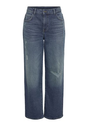 Vaqueros de denim azul de pierna ancha con cintura alta, que presentan áreas desgastadas y un diseño clásico de cinco bolsillos. Textura suave y ajuste relajado.