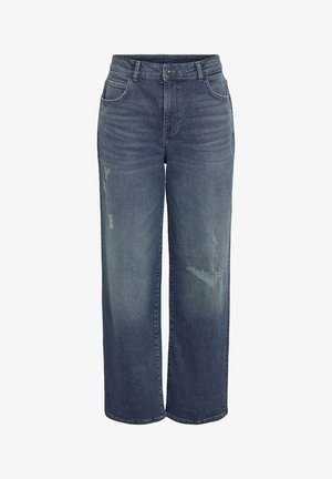 Zila džinsu auduma platās kājas bikses ar augsto jostasvietu, kurām ir nolietoti apgabali un klasiskā piecu kabatu dizains. Mīksts audums, brīvs piegriezums.