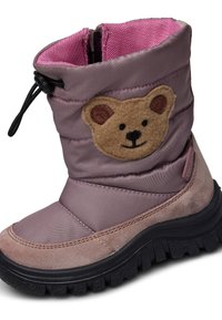 Stivale da neve impermeabile viola con applicazione a faccia di orso peloso, design imbottito, tessuto testurizzato e suola in gomma robusta con grip.