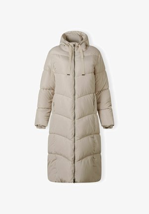 Cappotto lungo imbottito beige con cappuccio, caratterizzato da trapuntatura a zigzag, zip frontale completa e polsini elasticizzati per una vestibilità aderente.