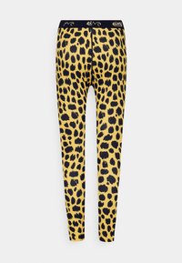 Legginsy w leoparda z żółtą bazą i czarnymi plamami, z czarnym pasem na wysokości talii z logo. Wykonane z elastycznego materiału dla wygody.