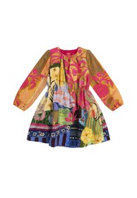 Kleurrijke jurk met lange mouwen, versierd met verschillende bloemenpatronen in tinten roze, geel en blauw, met een elastische tailleband voor een goede pasvorm.