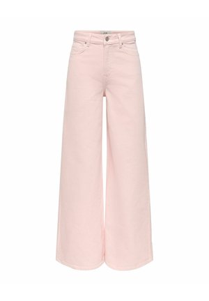 Bukser med høj talje og brede ben i lyserødt denim med knap- og lynlåslukning foran, bæltestropper og forlommer.