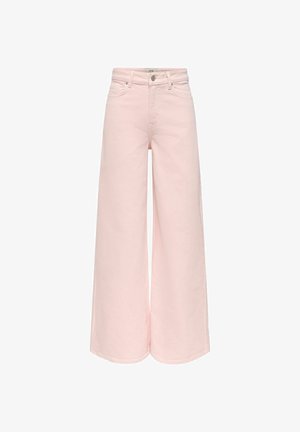 Pantaloni a gamba larga a vita alta in denim rosa chiaro con chiusura frontale a bottone e cerniera, passanti per cintura e tasche frontali.
