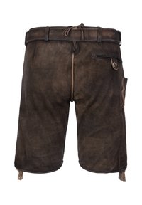 Bruine leren korte broek met een riem, trekkoordsluiting, zijzak met hardwaredetails en decoratieve stiksels op de achterkant.