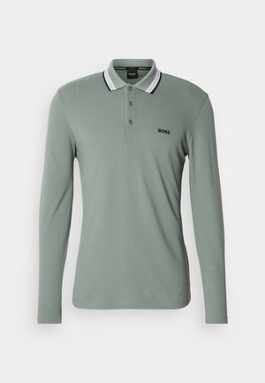 Long-sleeve sage green polo shirt with buttoned placket, white and black striped collar, and "BOSS" logo on the left chest.