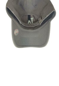 Gray baseball cap with adjustable strap, viewed from above showing curved brim and stitched panels, with a small baseball logo sticker on the brim.