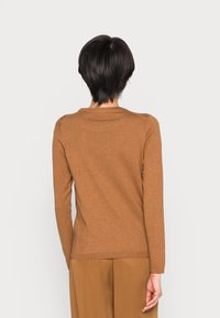 Brown long-sleeve sweater with a rounded neckline and ribbed hem, made from a soft, textured fabric. Suitable for casual wear.