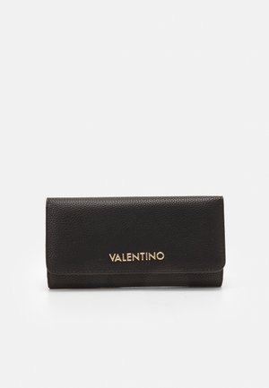 Black textured leather wallet with a fold-over design and gold "VALENTINO" logo on the front. Compact and sleek with minimal accents.